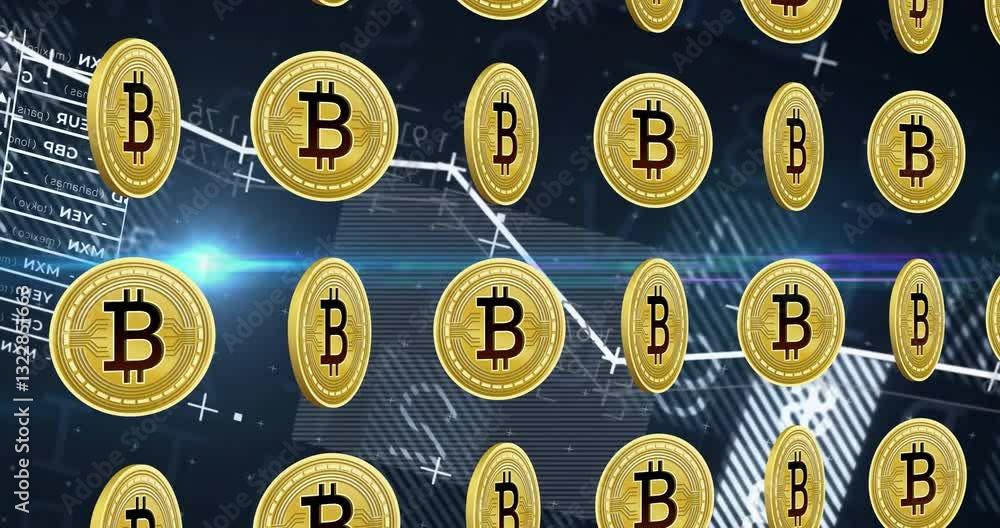 Poster bitcoin animation with fluctuating graph line over digital financial data background