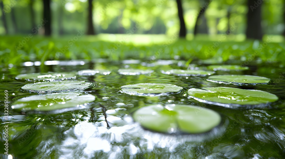 Poster lily pads floating on pond with forest in background greenery
