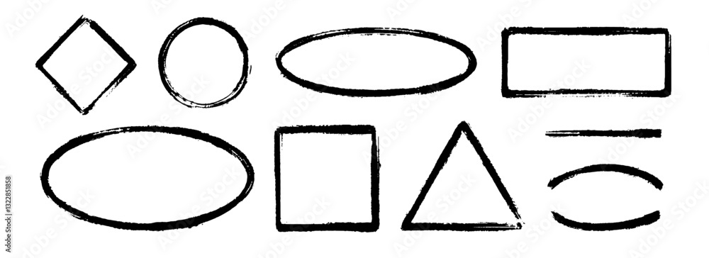 Poster Black charcoal hand drawn frame set. Rectangle, triangle and round paintbrush border set. Rough sketch elements for diagram, highlight, underline, emphasis. Vector scribbled crayon forms