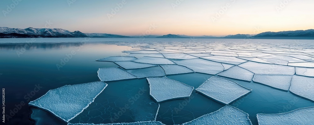 Poster aerial landscape abstract background concept. serene landscape with fragmented ice floating on calm 