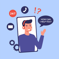 Call center, online customer support via mobile phone. Contact us customer service. Personal assistant service.