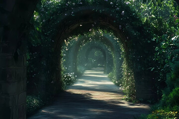 Obraz premium Enchanting Garden Path Edged with Dense Ivy Forming a Mysterious Alley for Nature Lovers Serenity