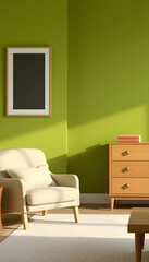 Interior of living room with armchair, cushion and chest of drawers near green wall, low-poly. with white shades
