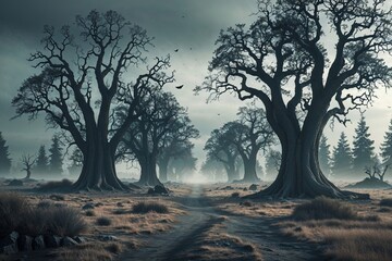 Ominous Halloween Panorama Featuring Daunting Trees and Deserted Landscape