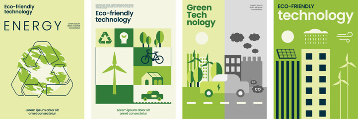 Eco-friendly technology poster collection showcasing green energy, sustainable solutions, and environmental innovation with modern vector illustrations.