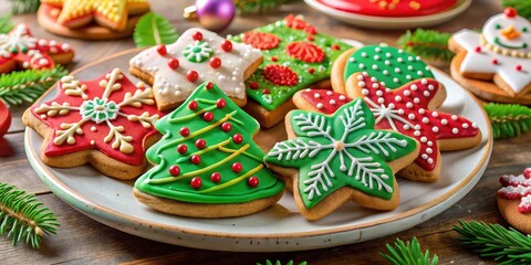 Colorful cookies decorated with festive designs on a table setting, festive food, holiday snacks