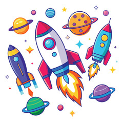 A cartoon drawing of a rocket with the moon and stars