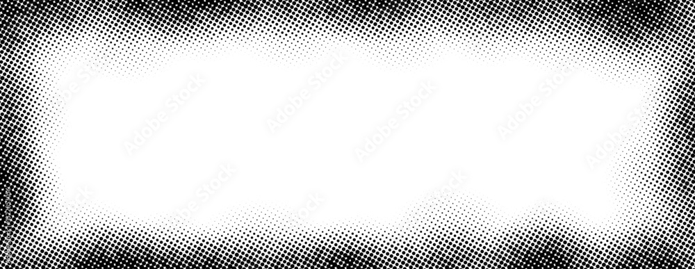 Poster halftone rectangle grain frame. black comic dotted wavy border. pop art fading gradient framing back