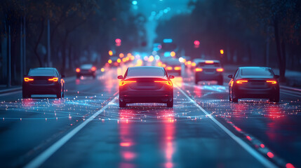 Obraz premium A car is driving down a highway with other cars in the background