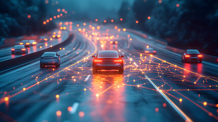 A car is driving down a highway with other cars in the background