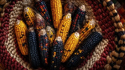 Colorful Corn Ears in a Woven Basket