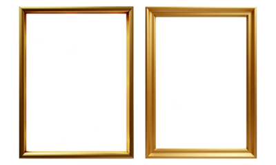 Generate a realistic, rectangular, golden frame with a metallic sheen and a subtle 3D effect. Ensure the frame has clean, smooth edges and is set against a transparent background,
