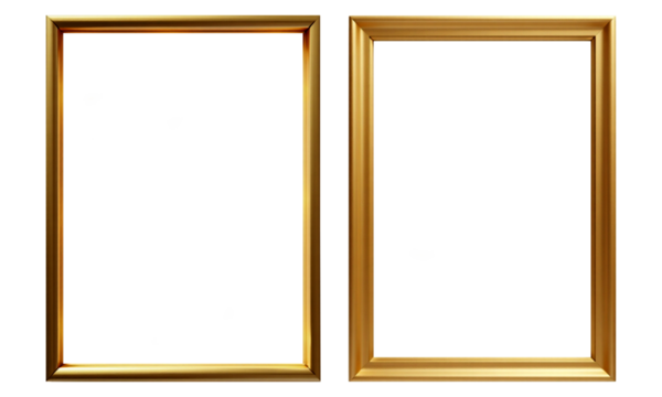 Generate a realistic, rectangular, golden frame with a metallic sheen and a subtle 3D effect. Ensure the frame has clean, smooth edges and is set against a transparent background,
