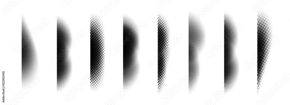 Aufkleber Halftone shadow set. Black dotted gradient stripe collection. Vertical pixel grain line pattern bundle. Half tone textured shade pack for divide and separate. Vector noise dots and particles elements