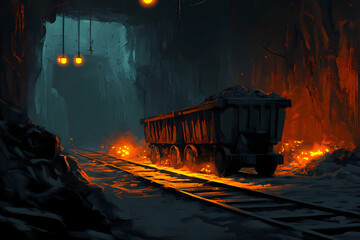Iron ore cart gliding through a dark mine, its path lit by industrial light creating dramatic effects