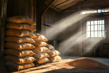 Stacks of oats and wheat bags stored inside a rustic barn, evoking agricultural simplicity and charm