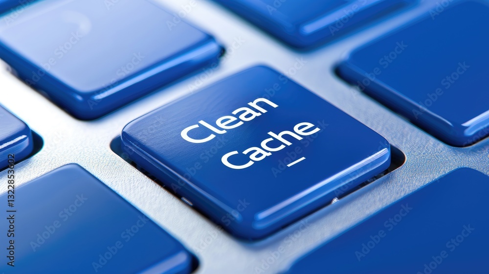 Poster close-up of a blue keyboard key featuring the text clean cache against a silver background