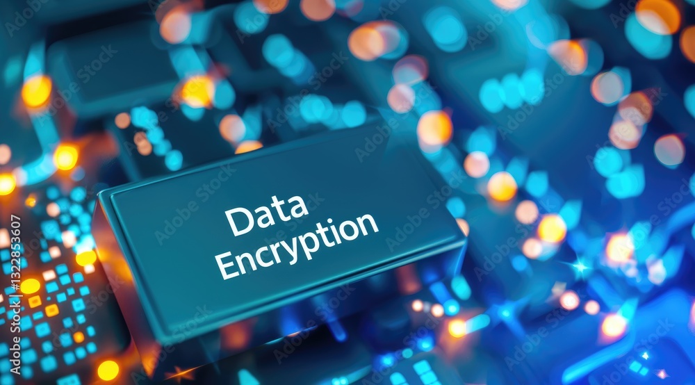 Poster abstract concept of data encryption with digital elements and glowing keyboard keys
