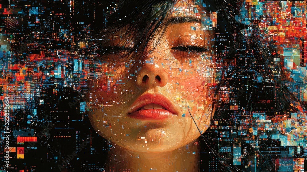 Poster woman's face merging with abstract digital patterns and colors