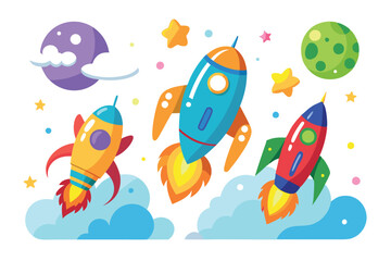 A cartoon drawing of a rocket with the moon and stars