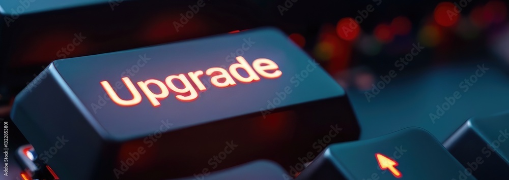 Poster brightly lit keyboard key featuring the word upgrade on a modern gaming keyboard