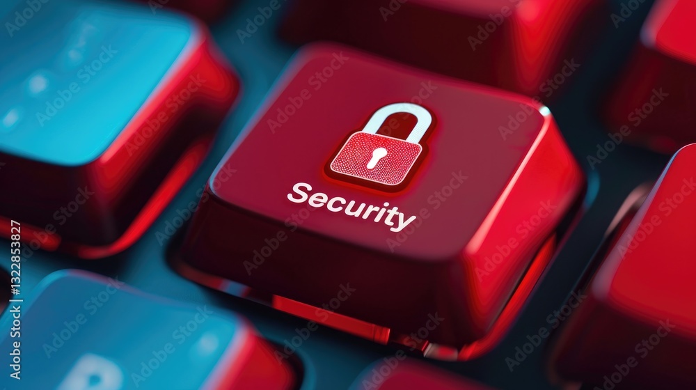 Poster close-up view of red computer keyboard key with security lock icon for cyber safety