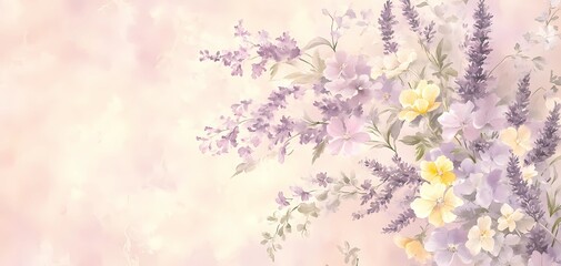 Romantic Pastel Floral Wallpaper with Soft Lavender Blush and Buttercup Yellow Watercolor Wildflowers.