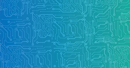 Digital circuit board on blue technology background. Lines and dots connected by circuits on abstract motherboard. Technological background with electronic blue gradient. 