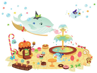 魔法使いのクジラとハロウィンのイラスト