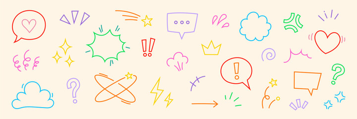 Comic cute speech bubble cartoon element icon set. Comic cute speech bubble, emphasis, star spark, line movement cartoon vector icon. Outline doodle speed motion, funny spark. Vector illustration