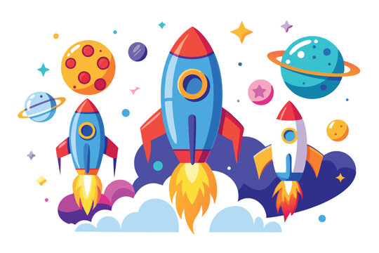 A cartoon drawing of a rocket with the moon and stars