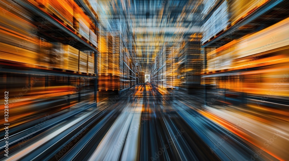 Poster a futuristic warehouse interior with motion blur effect, creating a high-speed perspective of logist