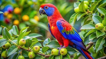 Obraz premium Vibrant parrot settled on a sturdy blue fruit tree with unusual shape and green leaves, surrounded by lush tropical environment, tropical landscape, exotic fruit