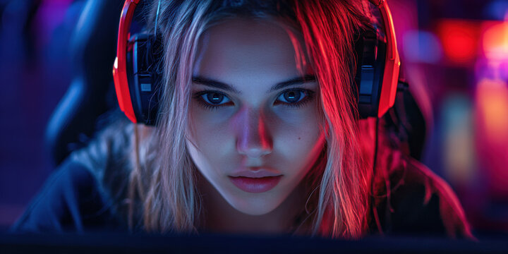 Gaming competition online arena digital content virtual environment close-up player focus