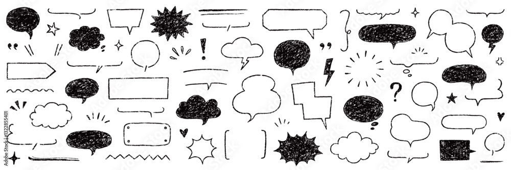 Poster Speech bubble text frame dialog cloud hand drawn set. Crayon chalk doodle talk speech bubble frame. Hand drawn line chalk frame, think balloon, children doodle text cloud icon. Vector illustration.