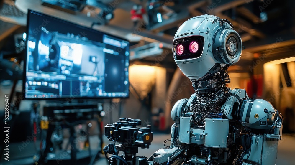 Poster innovative humanoid robot with camera in high-tech studio environment