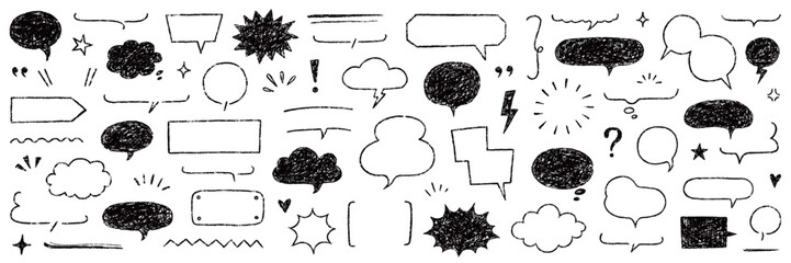 Speech bubble text frame dialog cloud hand drawn set. Crayon chalk doodle talk speech bubble frame. Hand drawn line chalk frame, think balloon, children doodle text cloud icon. Vector illustration.