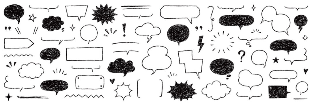 Speech bubble text frame dialog cloud hand drawn set. Crayon chalk doodle talk speech bubble frame. Hand drawn line chalk frame, think balloon, children doodle text cloud icon. Vector illustration.