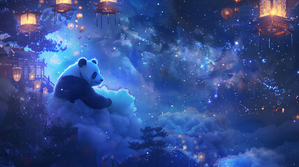 Panda sitting on a floating cloud under a starry sky