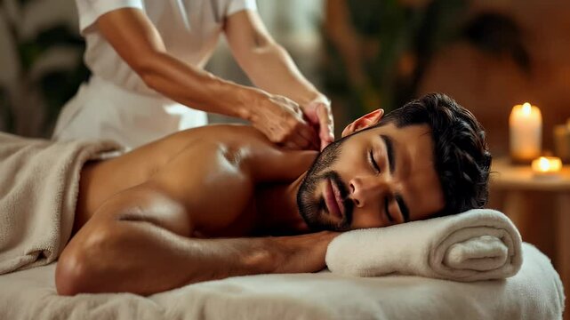 Professional masseuse giving a relaxing back and neck massage to young adult indian man lying on massage table with his eyes closed in spa center with cozy atmosphere and candles