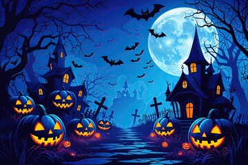 Frightful Halloween Background with Vivid Blue Vector Scene and Creepy Elements