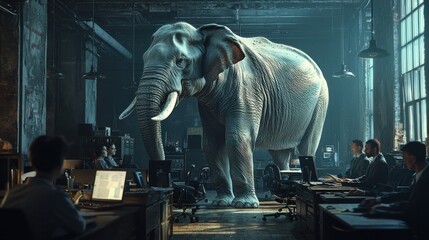 Elephant in Office Environment Creates Surreal Business Scene