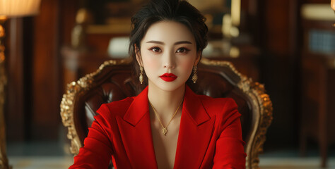 Elegant woman in red suit luxurious office portrait photography sophisticated environment close-up confidence