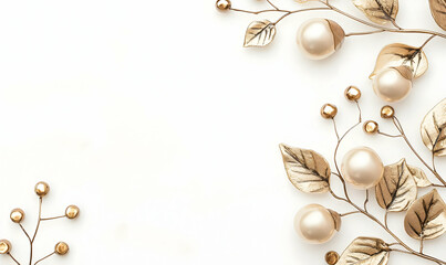 Fototapeta premium Elegant Gold Leaf and Pearl Arrangement on Soft Neutral Background