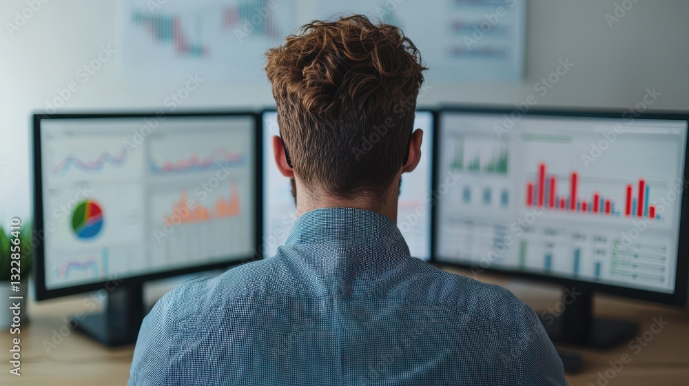 Poster data engineer concept. data analyst monitoring real time business analytics on multiple screens