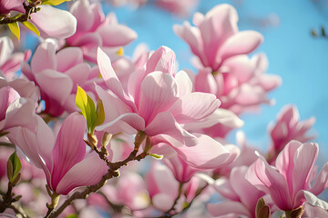 Obraz premium Enchanting spring garden showcasing magnificent magnolia trees in full, vibrant bloom amid lush natural greenery