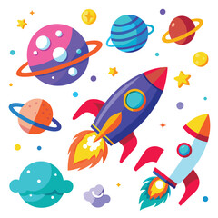 A cartoon drawing of a red rocket with a space shuttle on the side