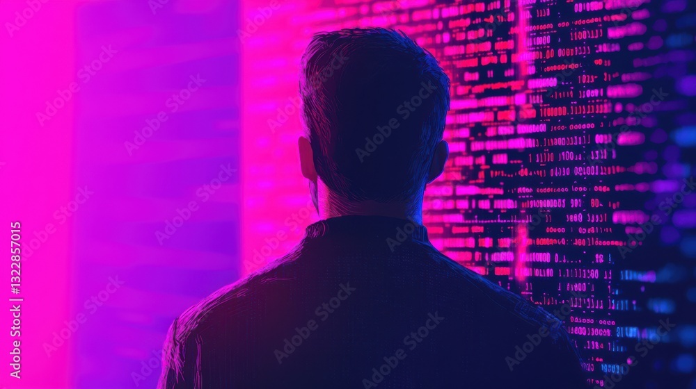 Poster data engineer concept. futuristic data engineer examining glowing holographic display in neon lit wo