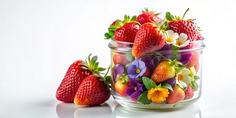 Delicate glass container filled with a colorful arrangement of fresh strawberries, set against a clean and white background , edible flowers, fruit arrangement
