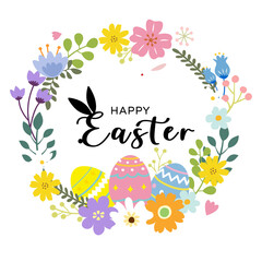 Easter title design with Easter eggs, beautiful flowers and bunny
